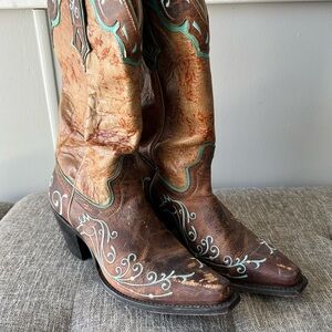 Brown and Tan Heeled Boots with Embroidered Design